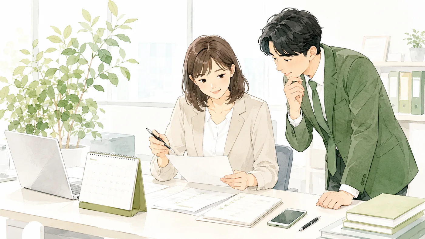 社内申請書とカレンダーを見比べて開店祝いの納品日を逆算する総務担当者と営業担当者のイラスト
