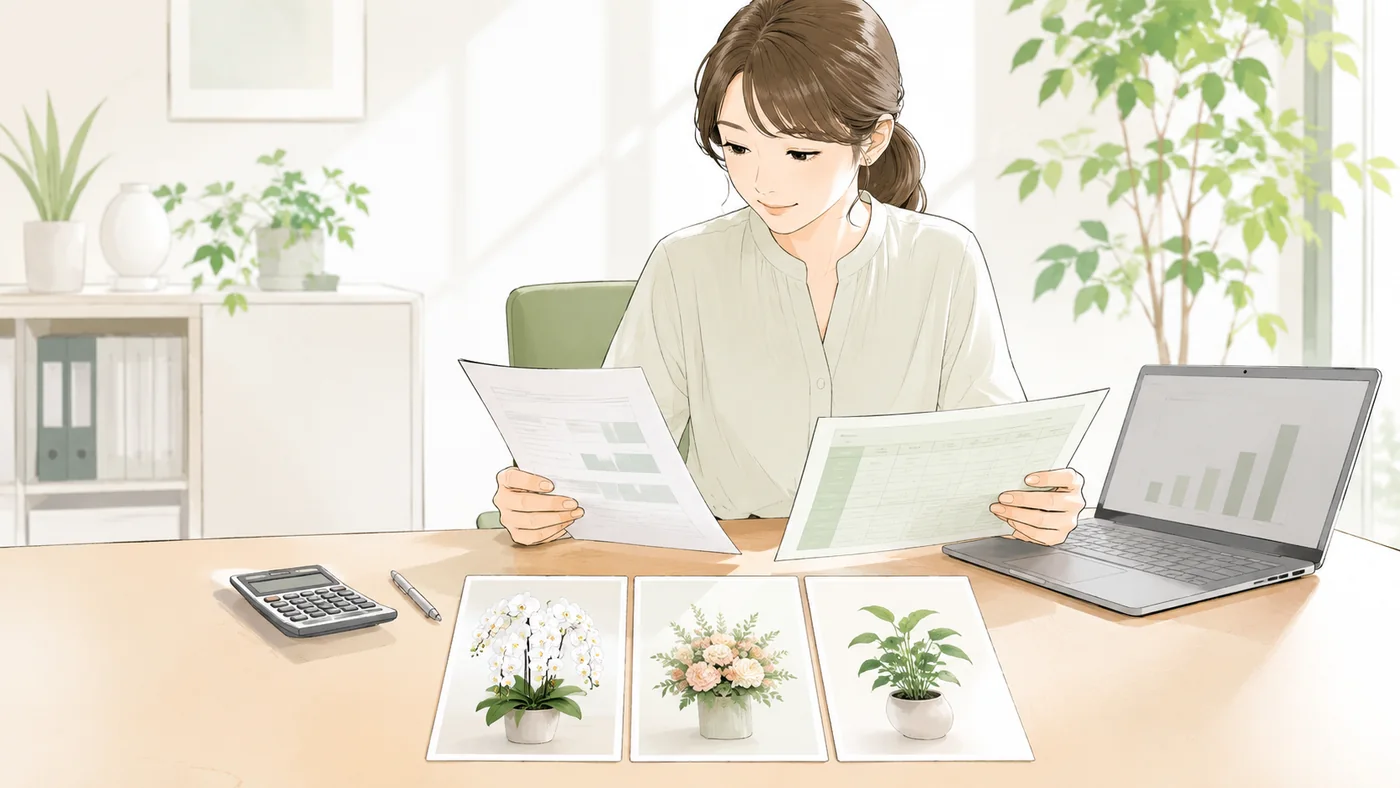 申請書と取引データを見ながら胡蝶蘭、花ギフト、観葉植物を比較する総務担当者のイラスト