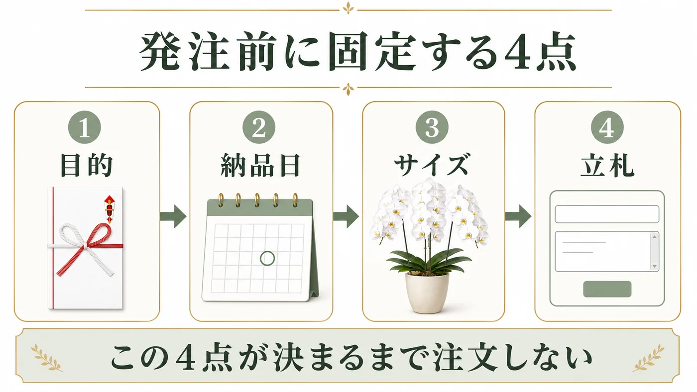 法人胡蝶蘭の発注前に目的・納品日・サイズ・立札を固定する順番を示す図解