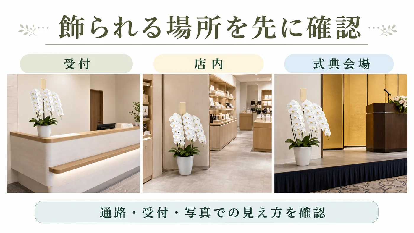 受付・店内・式典会場で法人胡蝶蘭の通路や受付と写真での見え方を確認する図解