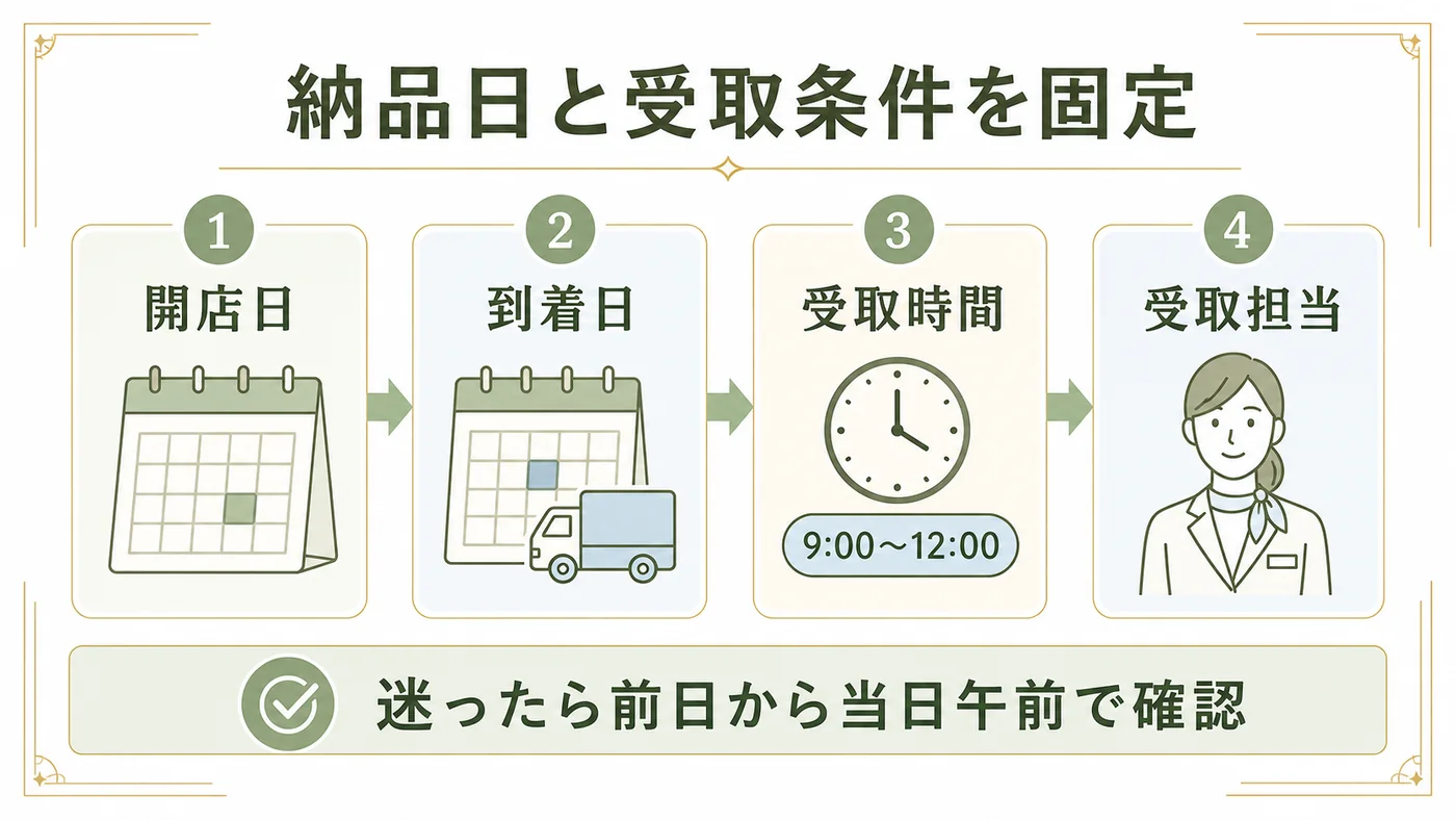 開店日・到着日・受取時間・受取担当を発注前に固定する図解