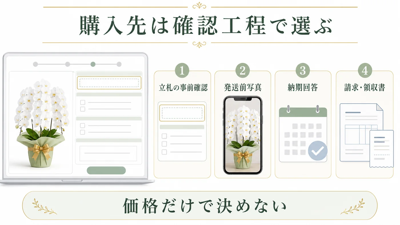 立札の事前確認・発送前写真・納期回答・請求領収書の工程で法人向け購入先を選ぶ図解