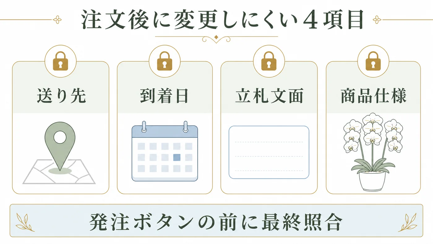 送り先・到着日・立札文面・商品仕様を発注ボタンの前に最終照合する図解