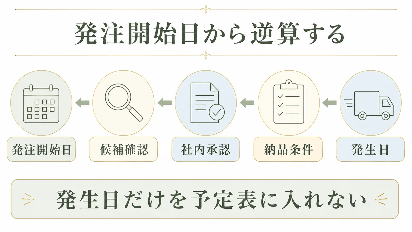 発生日から納品条件・社内承認・候補確認を逆算して発注開始日を決める図解