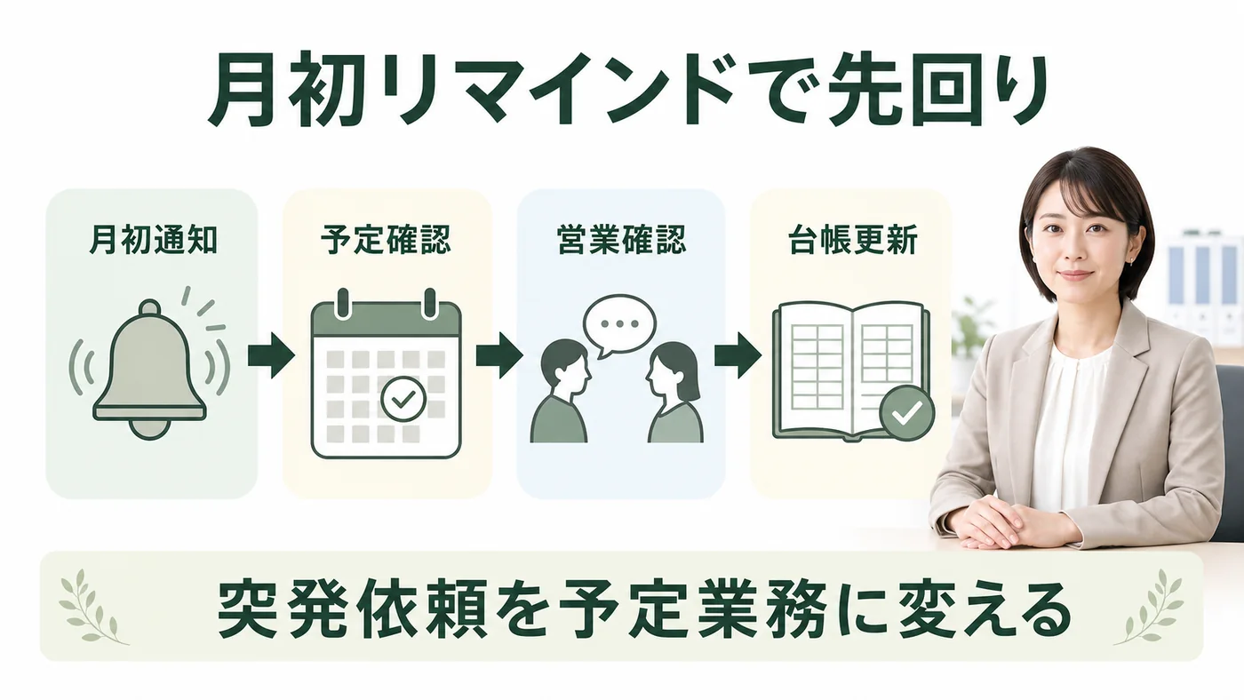 月初通知・予定確認・営業確認・台帳更新で法人贈答の突発依頼を減らす図解