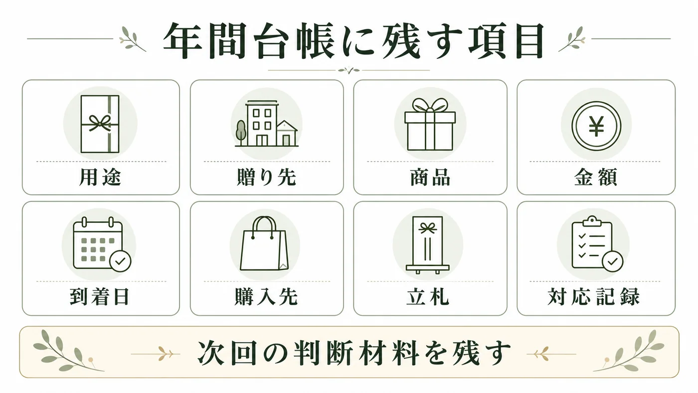 法人贈答の用途・贈り先・商品・金額・到着日・購入先・立札・対応記録を年間台帳に残す図解