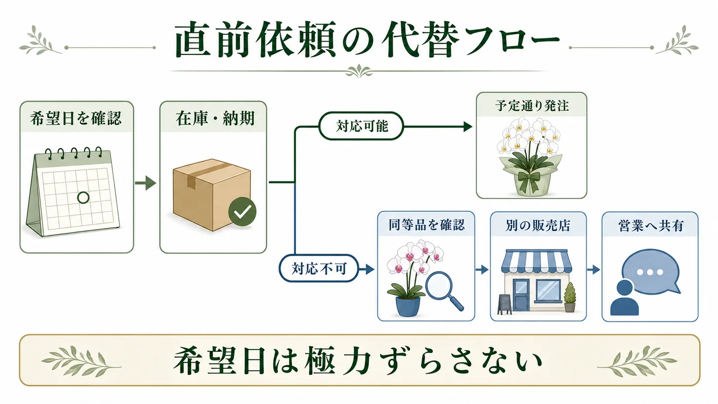 直前の法人贈答依頼で希望日・在庫納期・同等品・別の販売店を確認して営業へ共有する図解