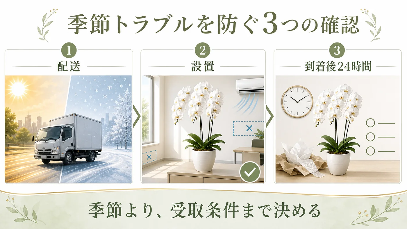 法人胡蝶蘭の季節トラブルを配送・設置・到着後24時間の3段階で防ぐ図解