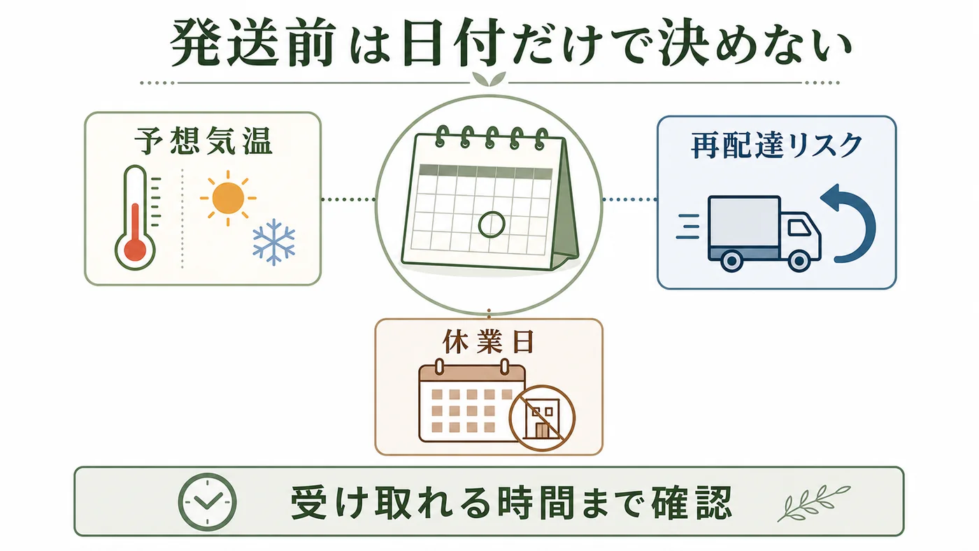 予想気温・再配達リスク・休業日と受け取れる時間を発送前に確認する図解