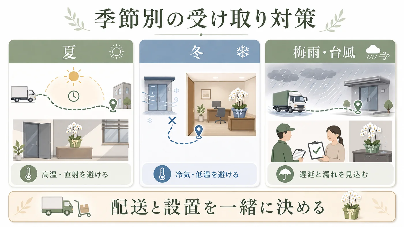 夏・冬・梅雨台風の法人胡蝶蘭で配送と設置を一緒に決める季節別対策図