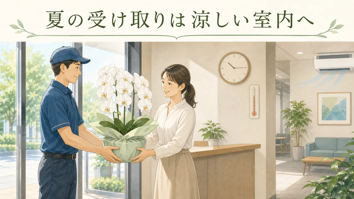 暑い夏に届いた白い胡蝶蘭を直射日光と冷房の直風から離れた室内へ移すイラスト