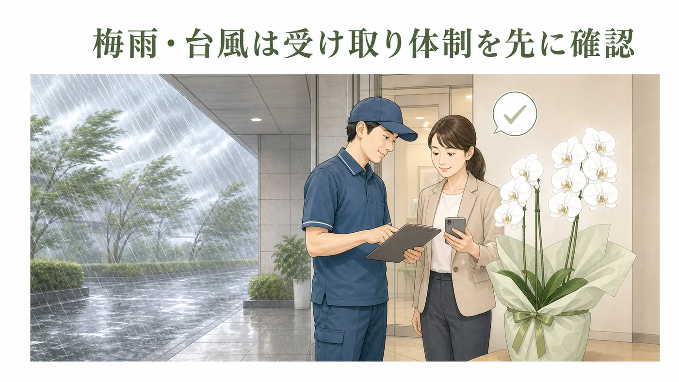 梅雨や台風時に配送担当者と受取担当者が納品条件を確認して胡蝶蘭を濡らさず受け取るイラスト