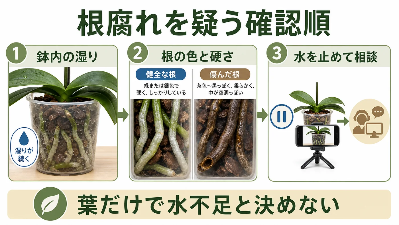 鉢内の湿り・根の色と硬さ・水を止めて相談する順で胡蝶蘭の根腐れを確認する図解