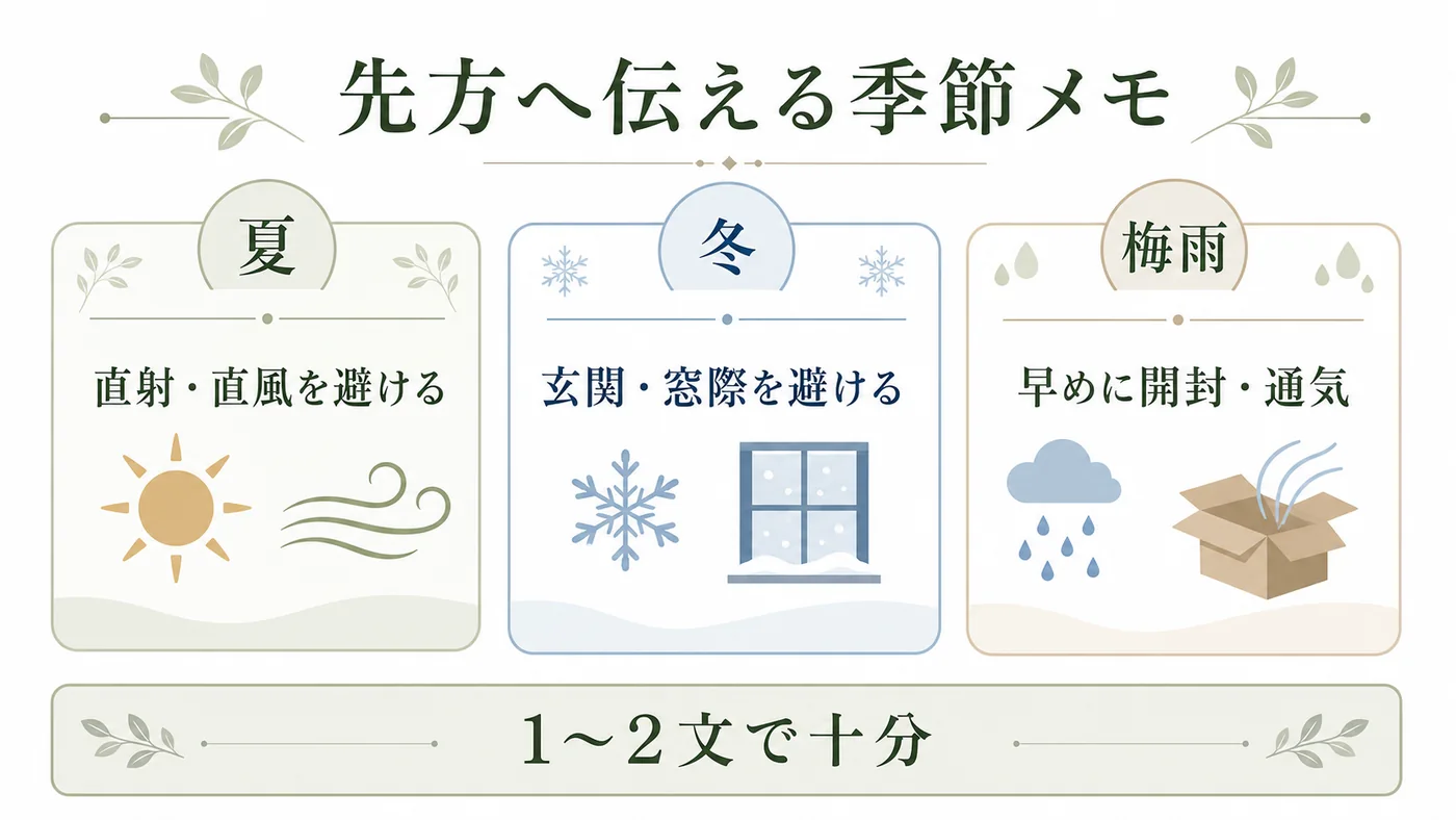 夏は直射直風・冬は玄関窓際・梅雨は開封通気に注意する短い管理メモの図解