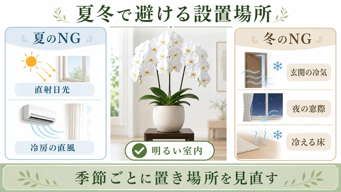 夏の直射日光と冷房の直風・冬の玄関冷気と夜の窓際と冷える床を避ける図解