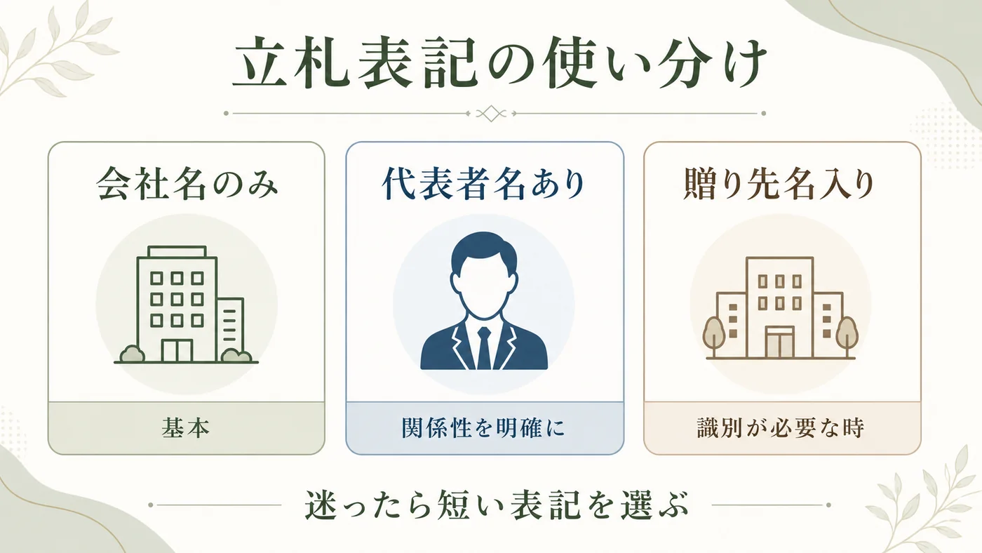会社名のみ・代表者名あり・贈り先名入りの立札表記を使い分ける図解