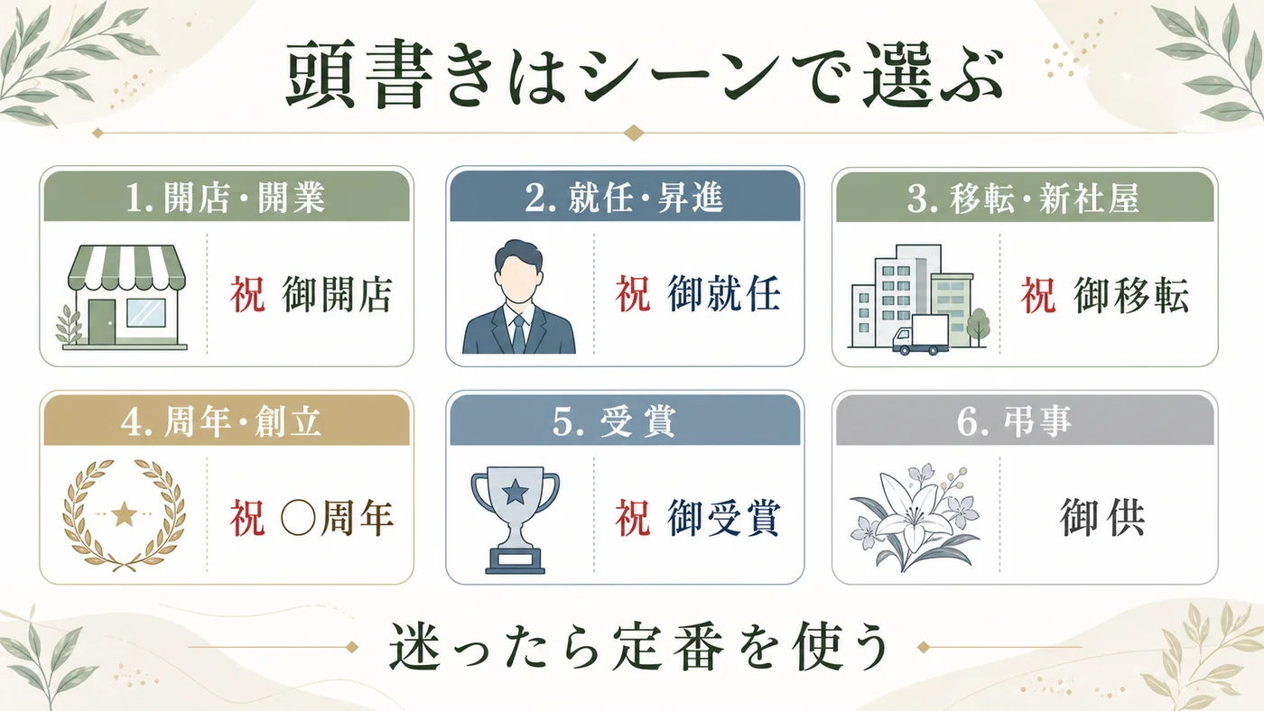 開店開業・就任昇進・移転新社屋・周年創立・受賞・弔事に合う立札の頭書きを選ぶ図解