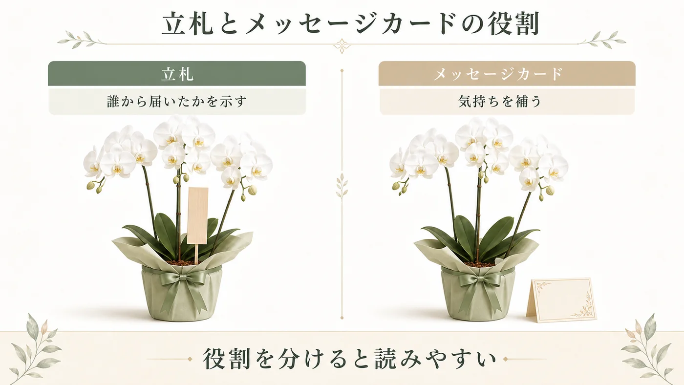 法人胡蝶蘭の立札は贈り主を示しメッセージカードは気持ちを補う役割の違いを示す図解