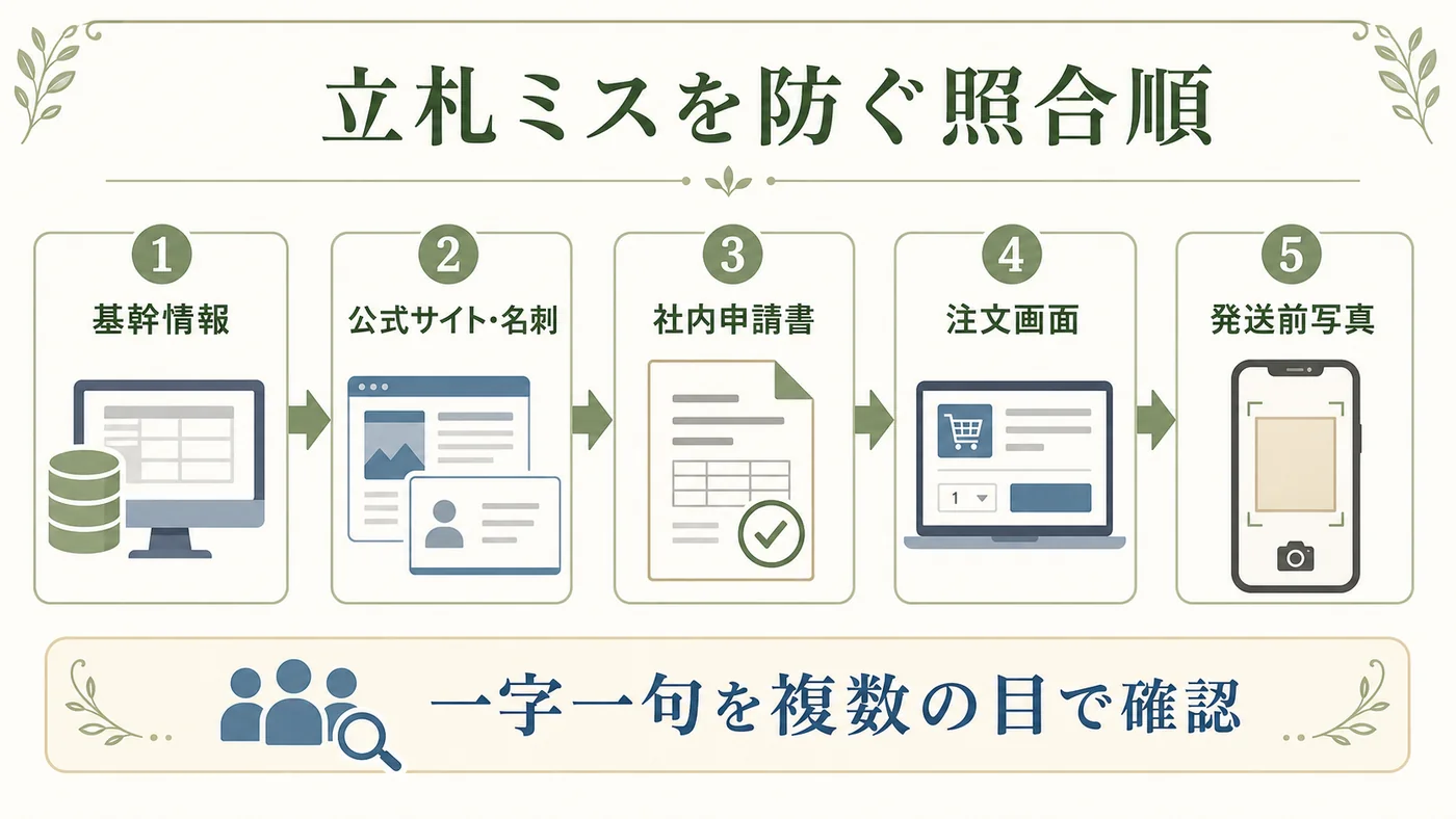 基幹情報・公式サイトや名刺・社内申請書・注文画面・発送前写真で立札を照合する図解