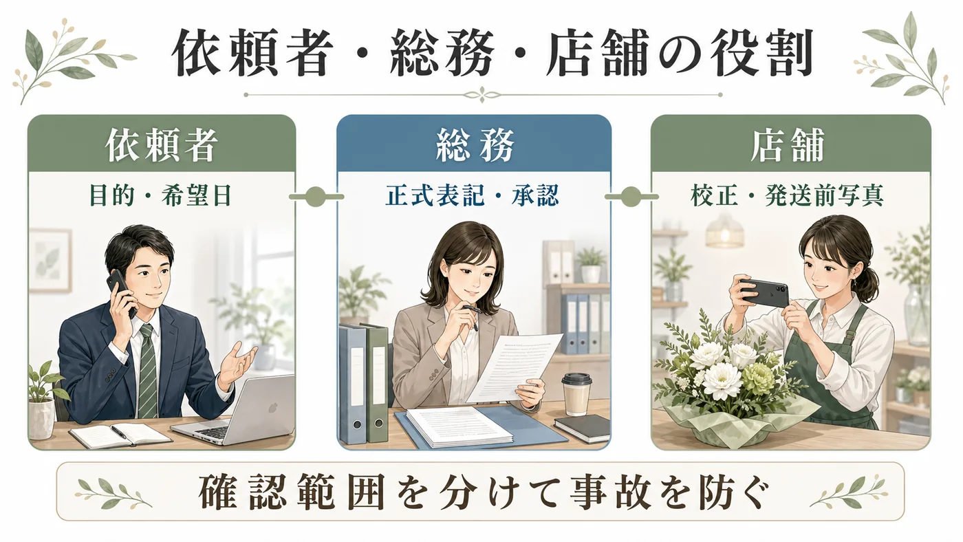 法人胡蝶蘭の立札確認で依頼者・総務・販売店舗が担当する確認範囲を示す図解