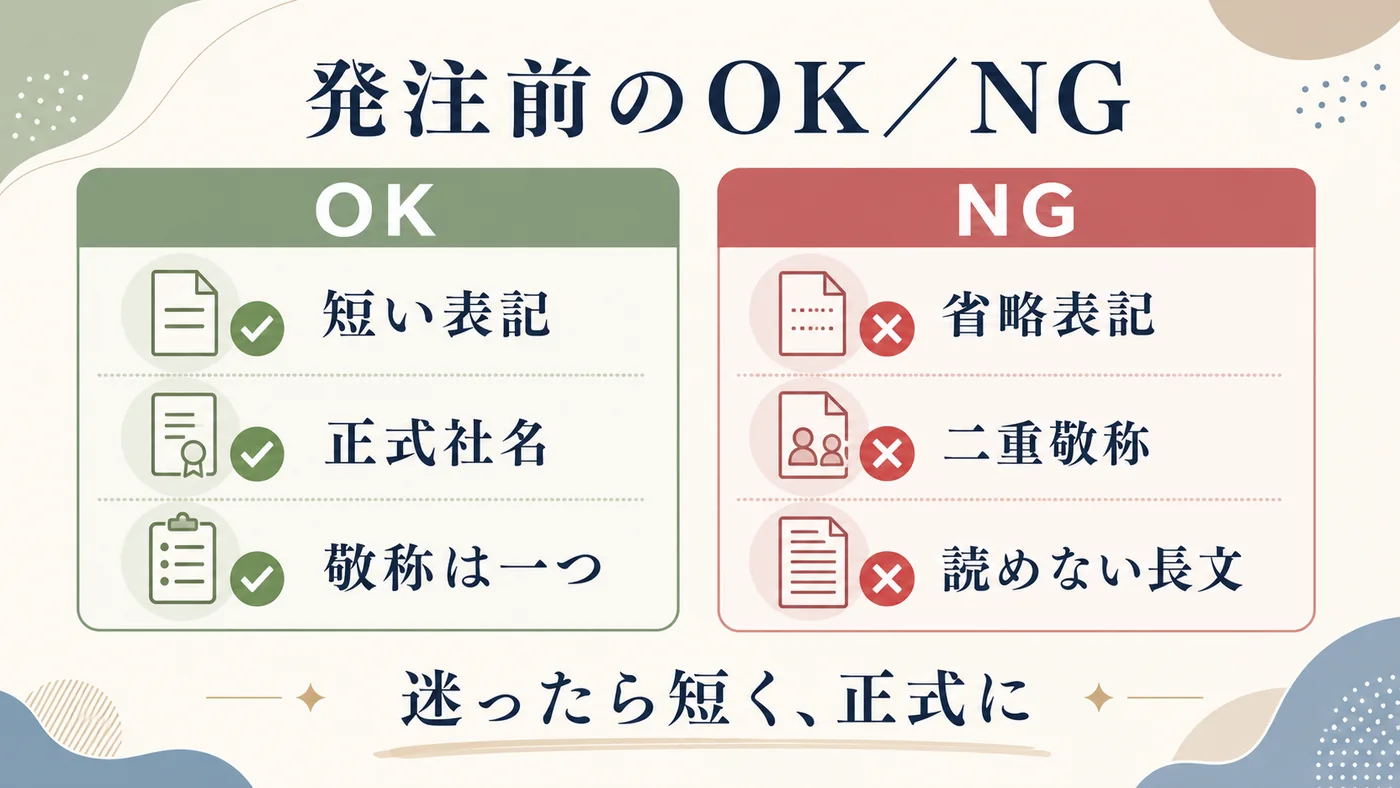 立札の短い表記・正式社名・一つの敬称と省略表記・二重敬称・長文を比較する図解
