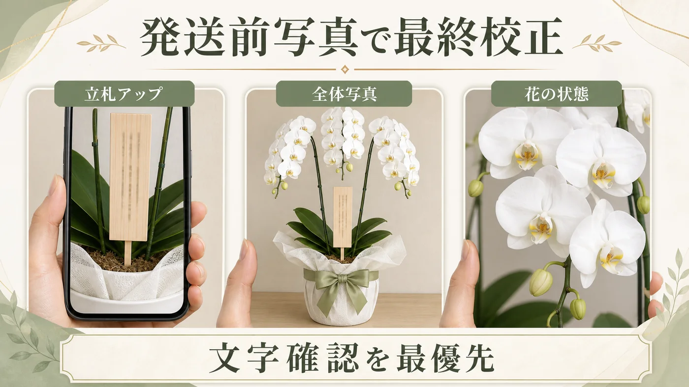 発送前写真の立札アップ・胡蝶蘭全体・花の状態を確認して最終校正する図解
