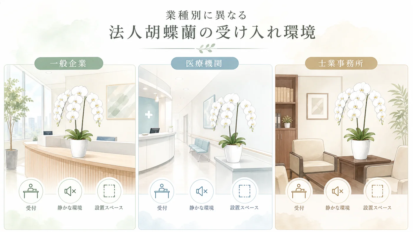 一般企業・医療機関・士業で白い法人胡蝶蘭の置き場所と受け入れ方が異なることを示す図解