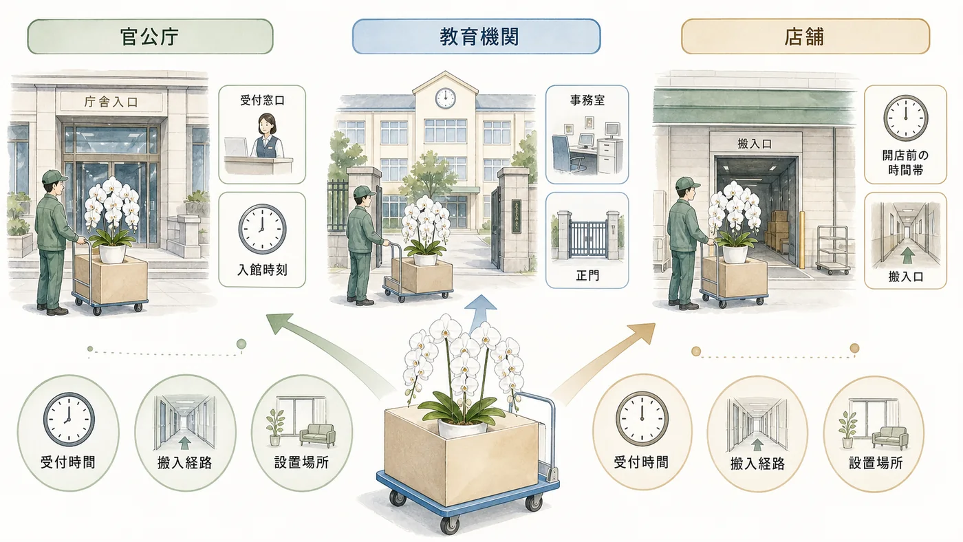 官公庁・教育機関・店舗へ法人胡蝶蘭を届ける前に受付時間と搬入経路を確認する図解