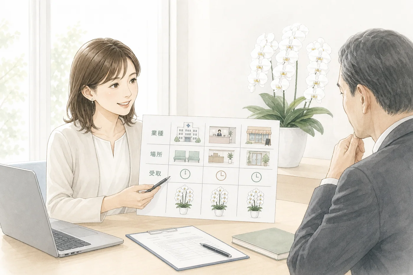 相手先の業種・設置場所・受取条件を整理して法人胡蝶蘭の選定理由を説明する総務担当者のイラスト