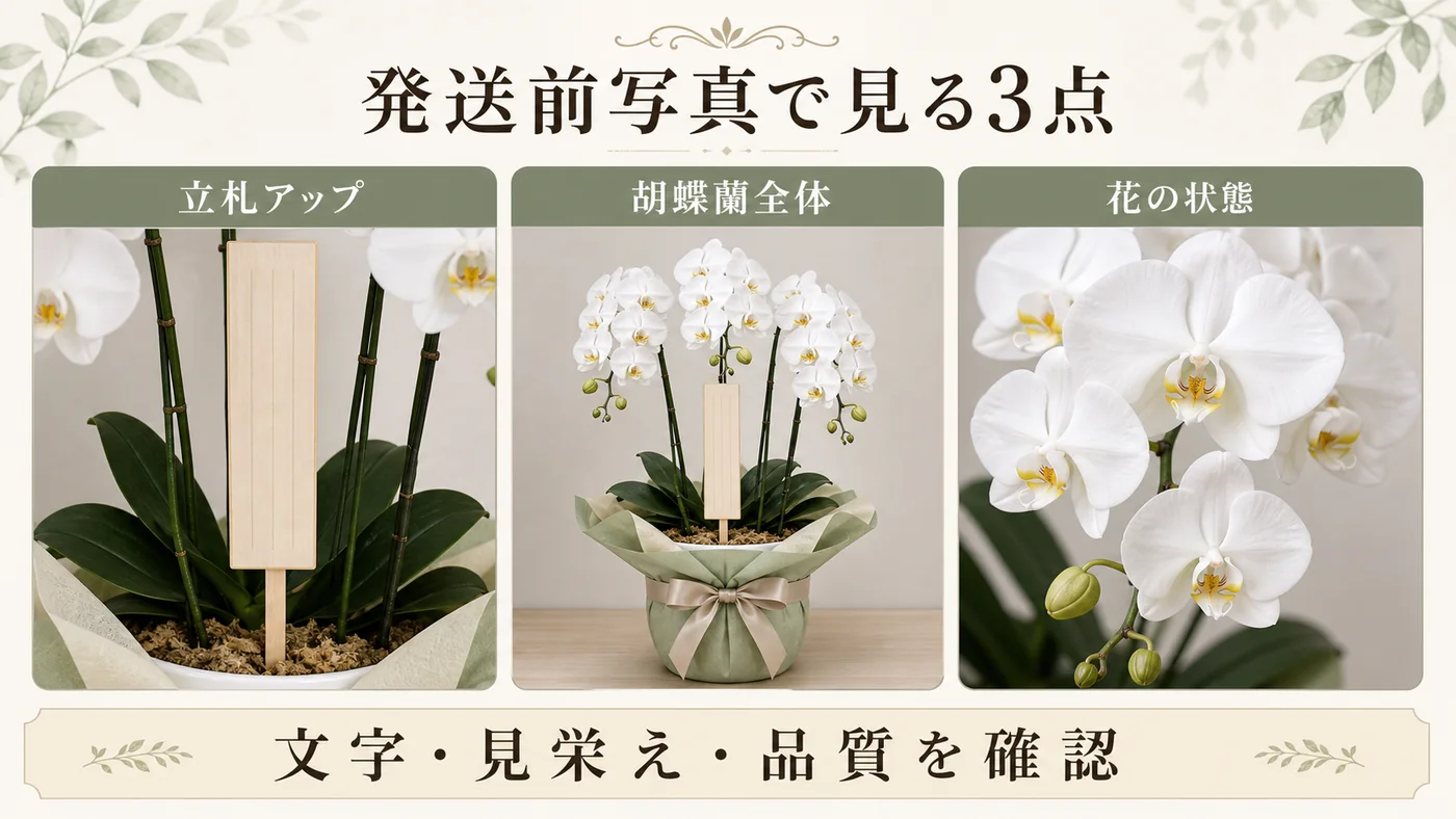 発送前写真で立札アップ・胡蝶蘭全体・花の状態を確認する図解