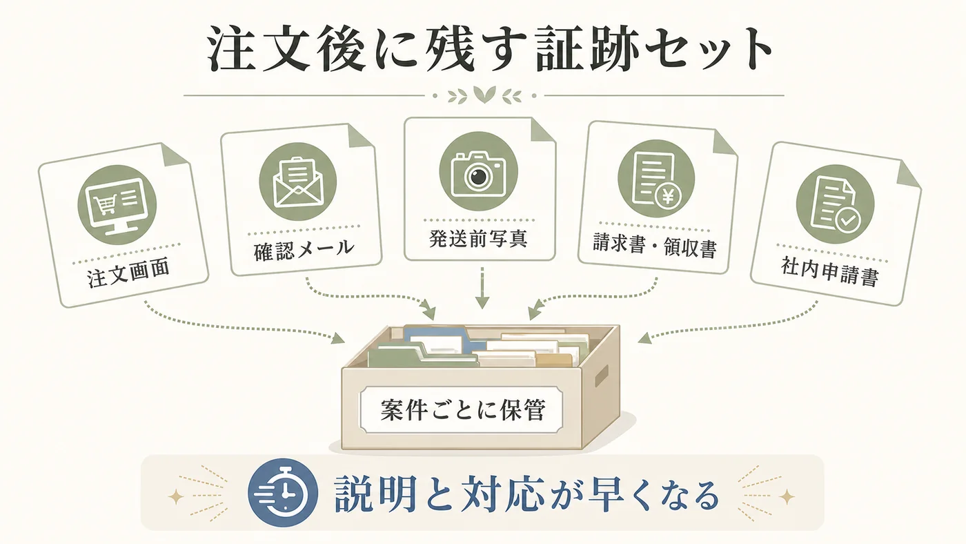 注文画面・確認メール・発送前写真・請求書領収書・社内申請書を案件ごとに保管する図解