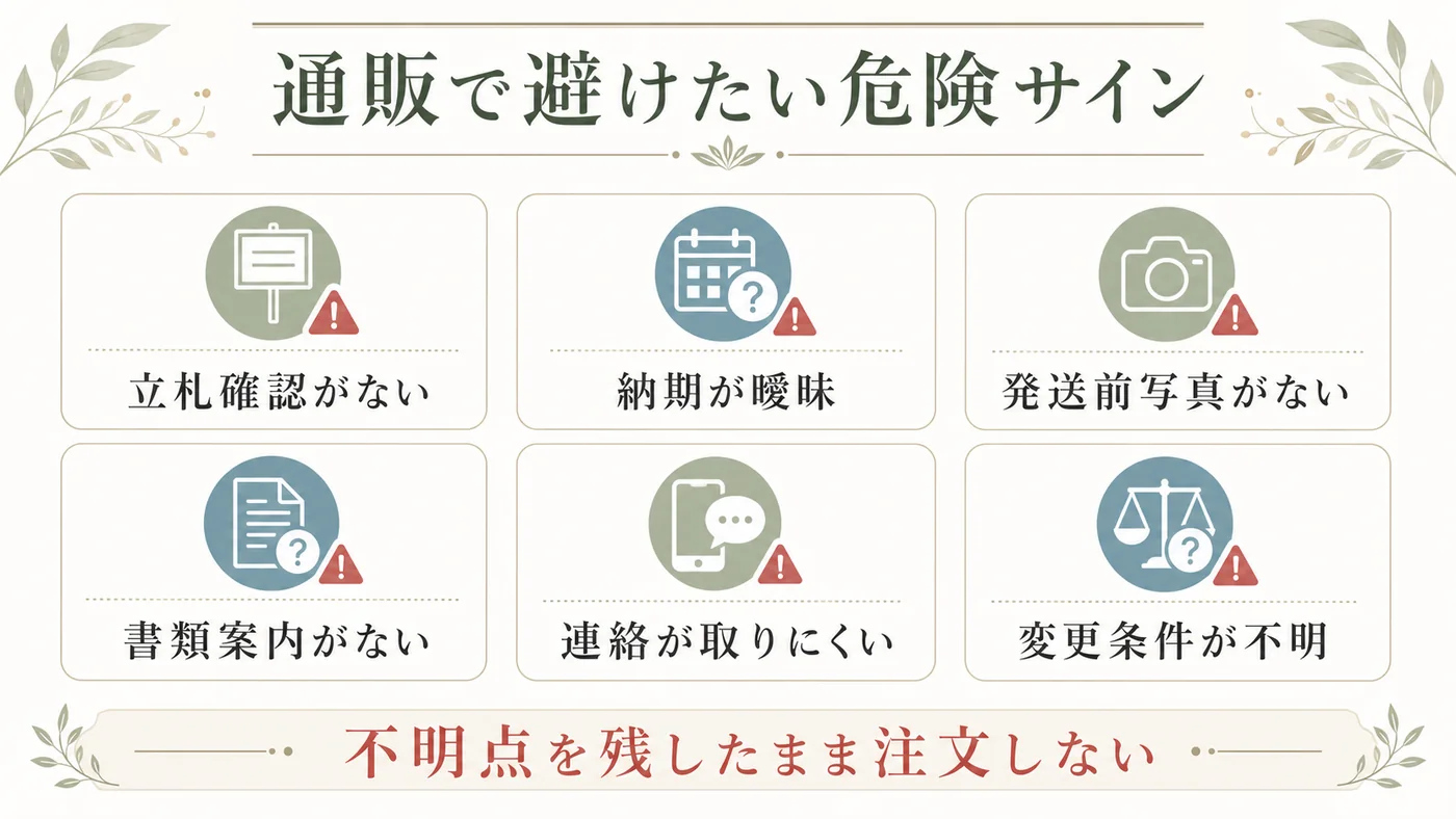 立札確認・納期・発送前写真・書類案内・連絡・変更条件に不明点がある通販を避ける図解