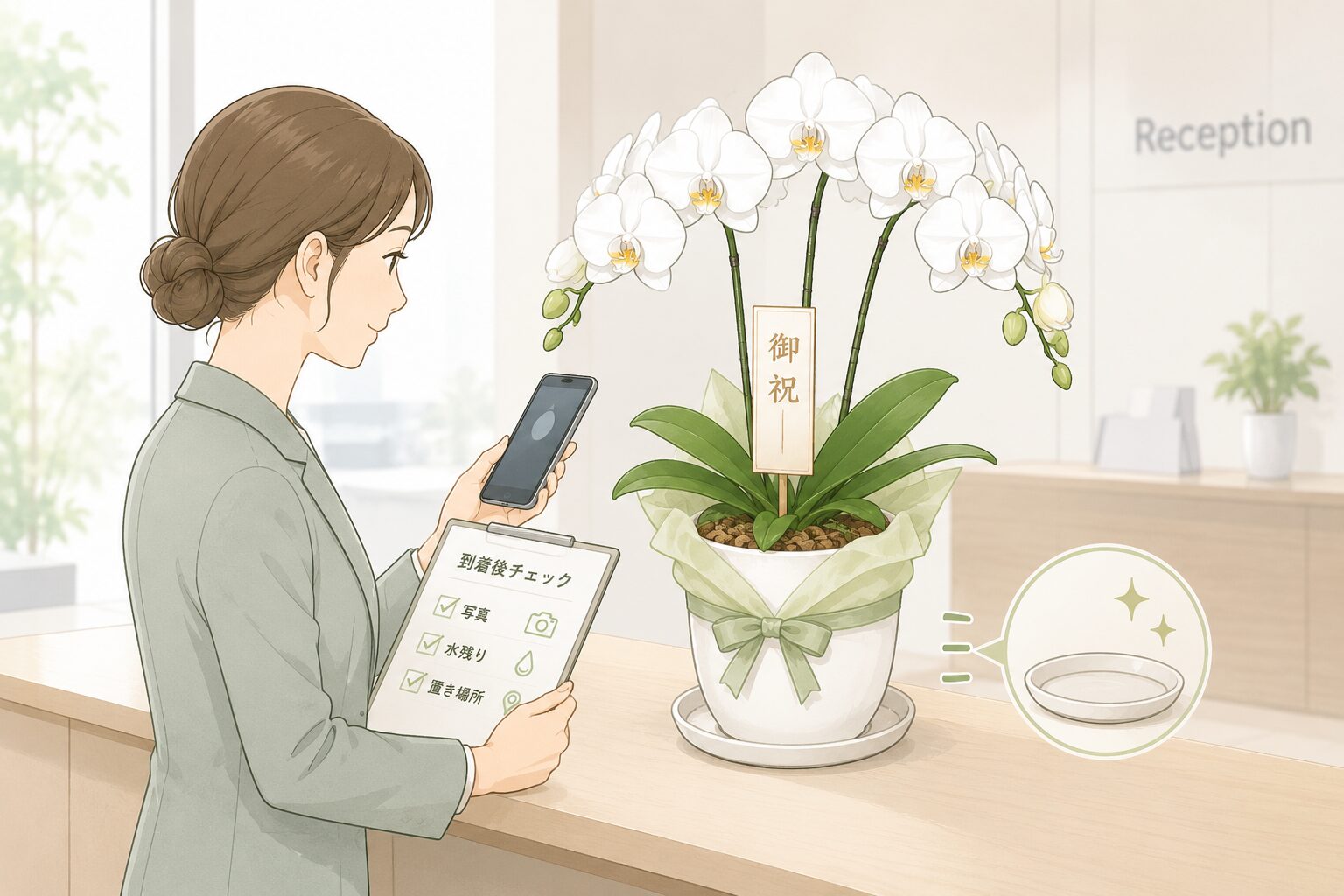 法人胡蝶蘭の到着後に写真・水残り・置き場所を確認する総務担当者のイラスト