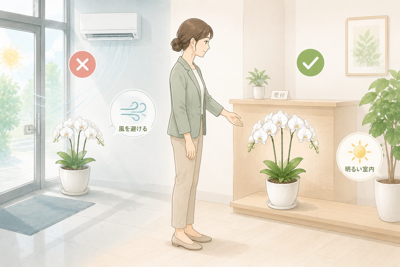 法人胡蝶蘭を玄関や空調風から避けて明るい室内に置く判断を示すイラスト