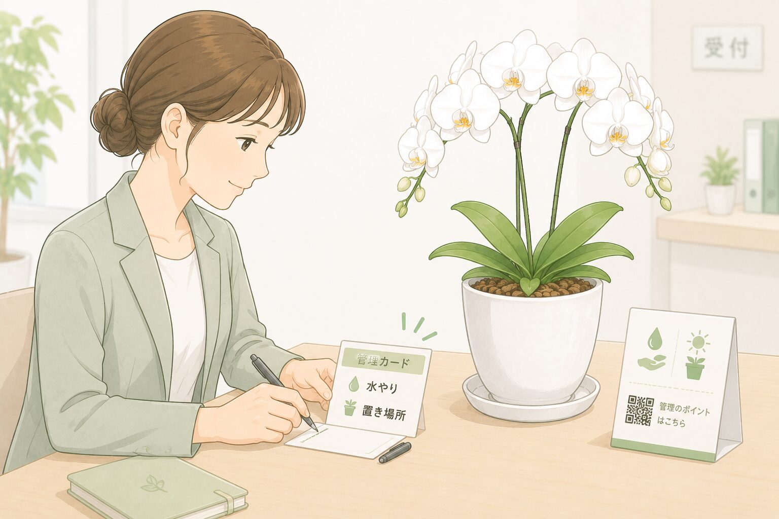 胡蝶蘭の管理カードに水やりと置き場所を絞って案内するイラスト