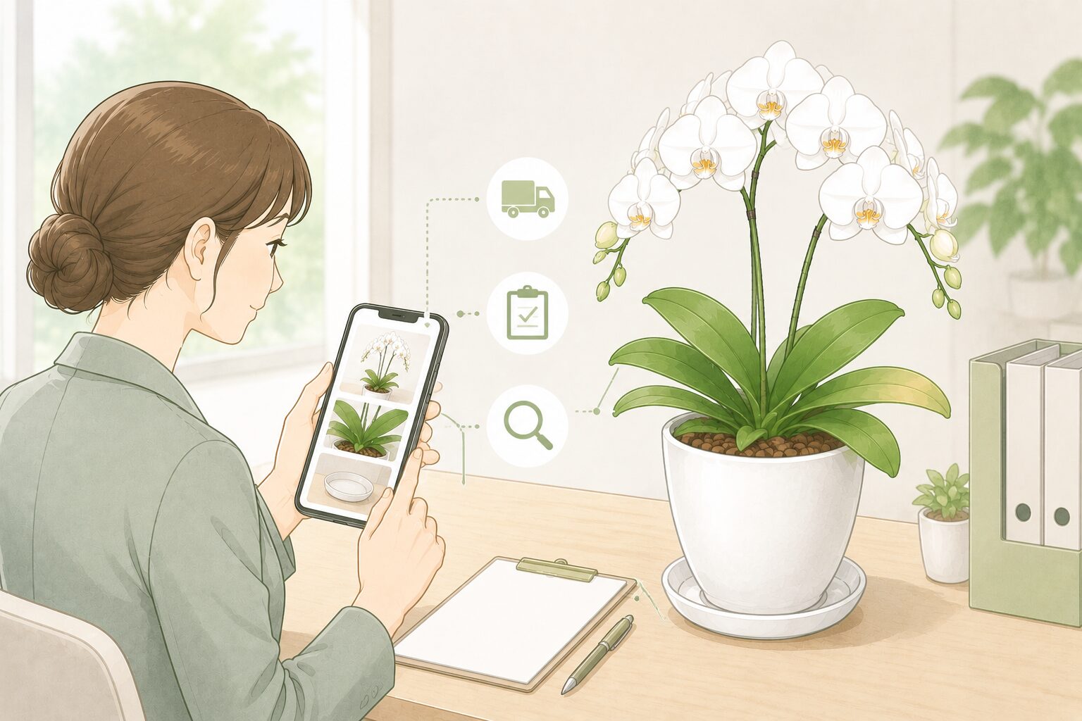 胡蝶蘭の全体・葉・受け皿の写真を見て状態を確認する担当者のイラスト