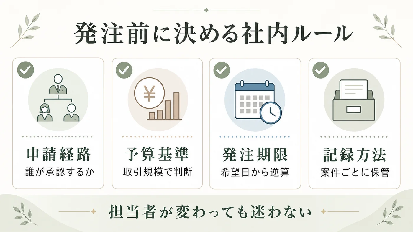 法人胡蝶蘭の発注前に申請経路・予算基準・発注期限・記録方法を決める図解