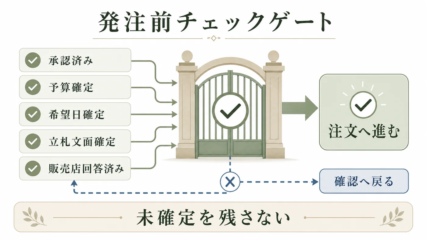 社内承認・予算・希望日・立札文面・販売店回答が確定してから注文へ進む図解