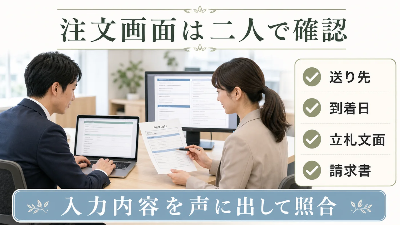 法人胡蝶蘭の注文画面で送り先・到着日・立札文面・請求書を二人で照合するイラスト