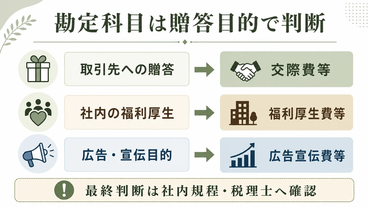 取引先贈答・社内福利厚生・広告宣伝の目的別に勘定科目候補を整理する図解