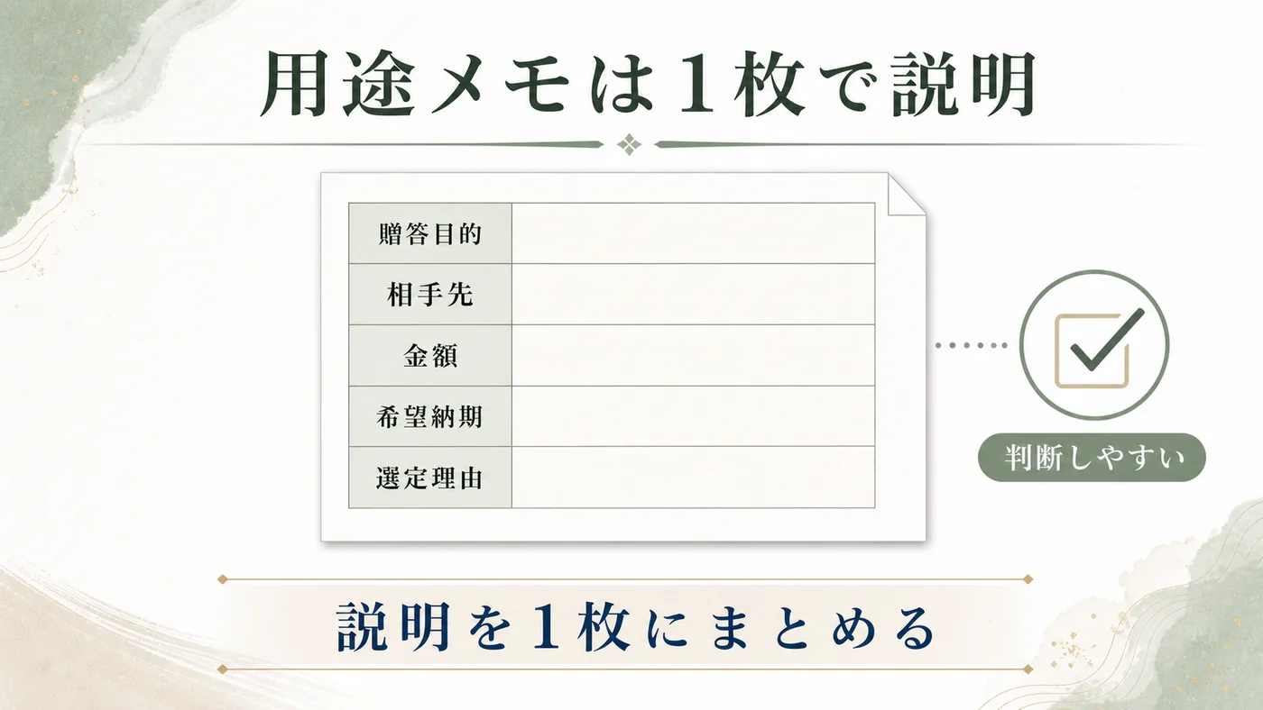贈答目的・相手先・金額・希望納期・選定理由を1枚の用途メモにまとめる図解