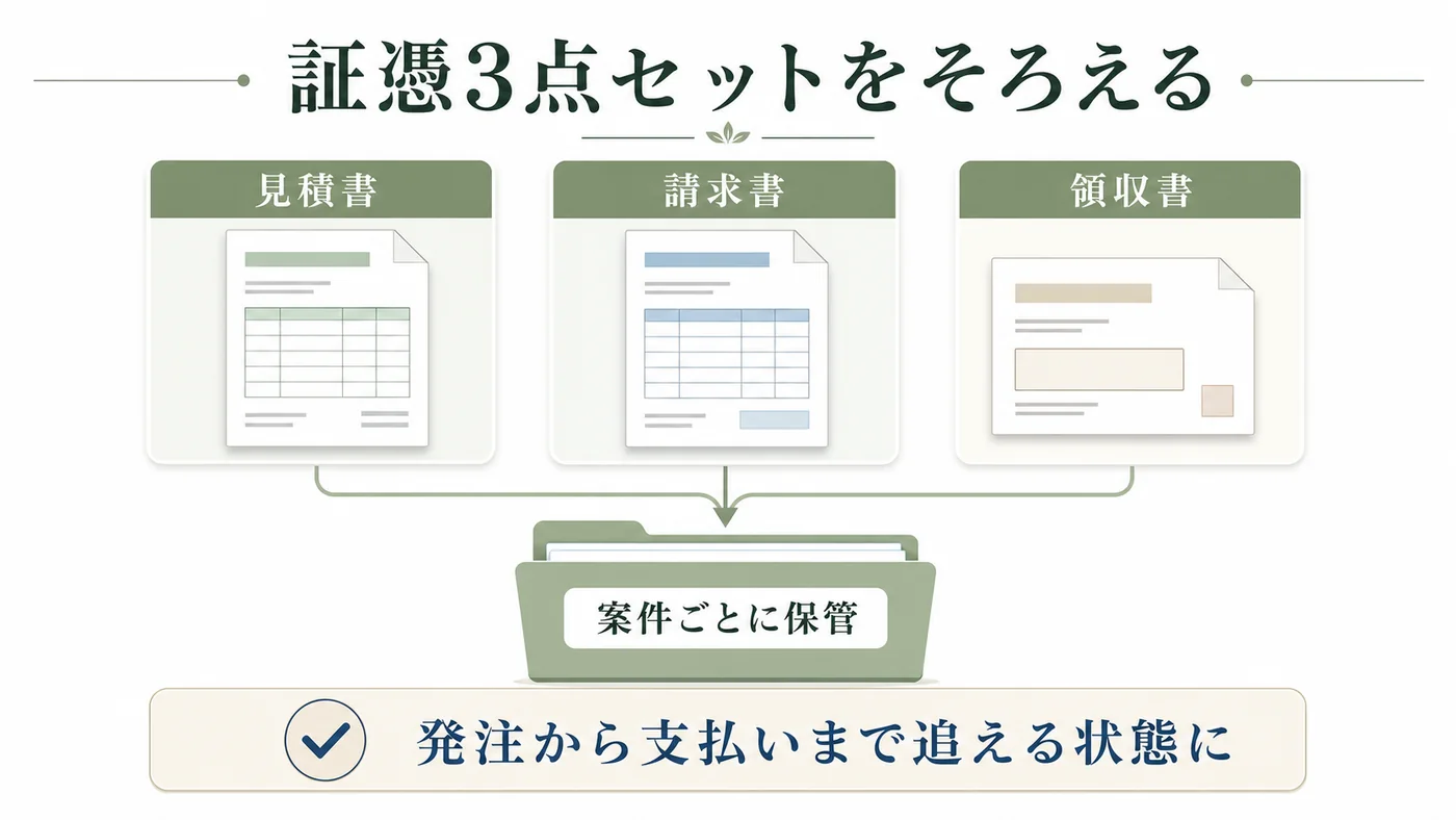 見積書・請求書・領収書を案件ごとに保管し発注から支払いまで追えるようにする図解