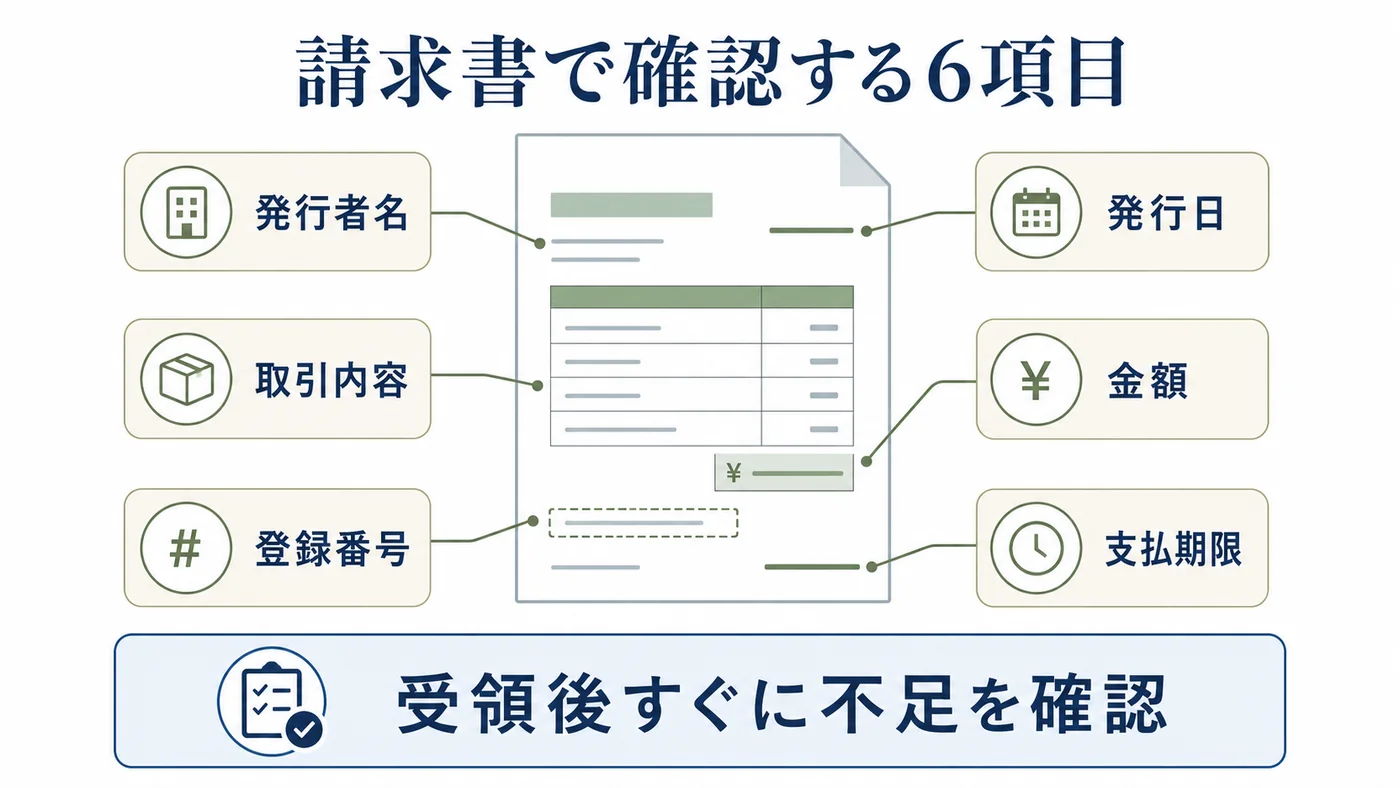 請求書の発行者名・発行日・取引内容・金額・登録番号・支払期限を確認する図解