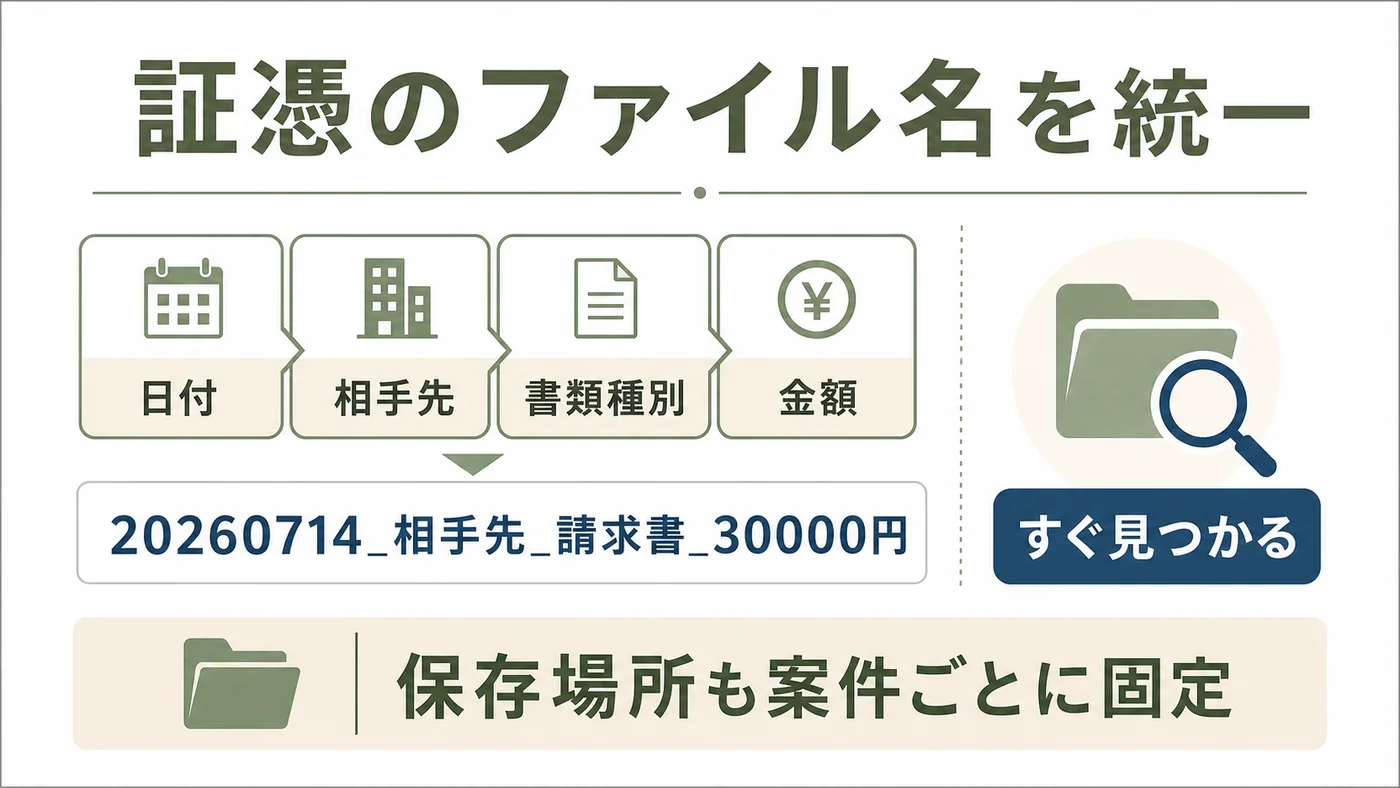 証憑ファイル名を日付・相手先・書類種別・金額の順に統一して検索しやすくする図解