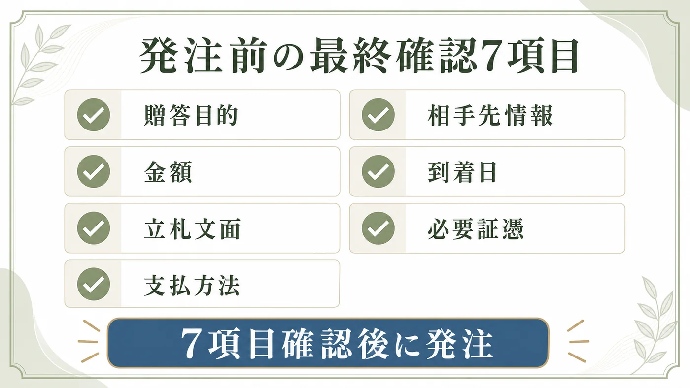 贈答目的・相手先情報・金額・到着日・立札文面・必要証憑・支払方法を発注前に確認する図解