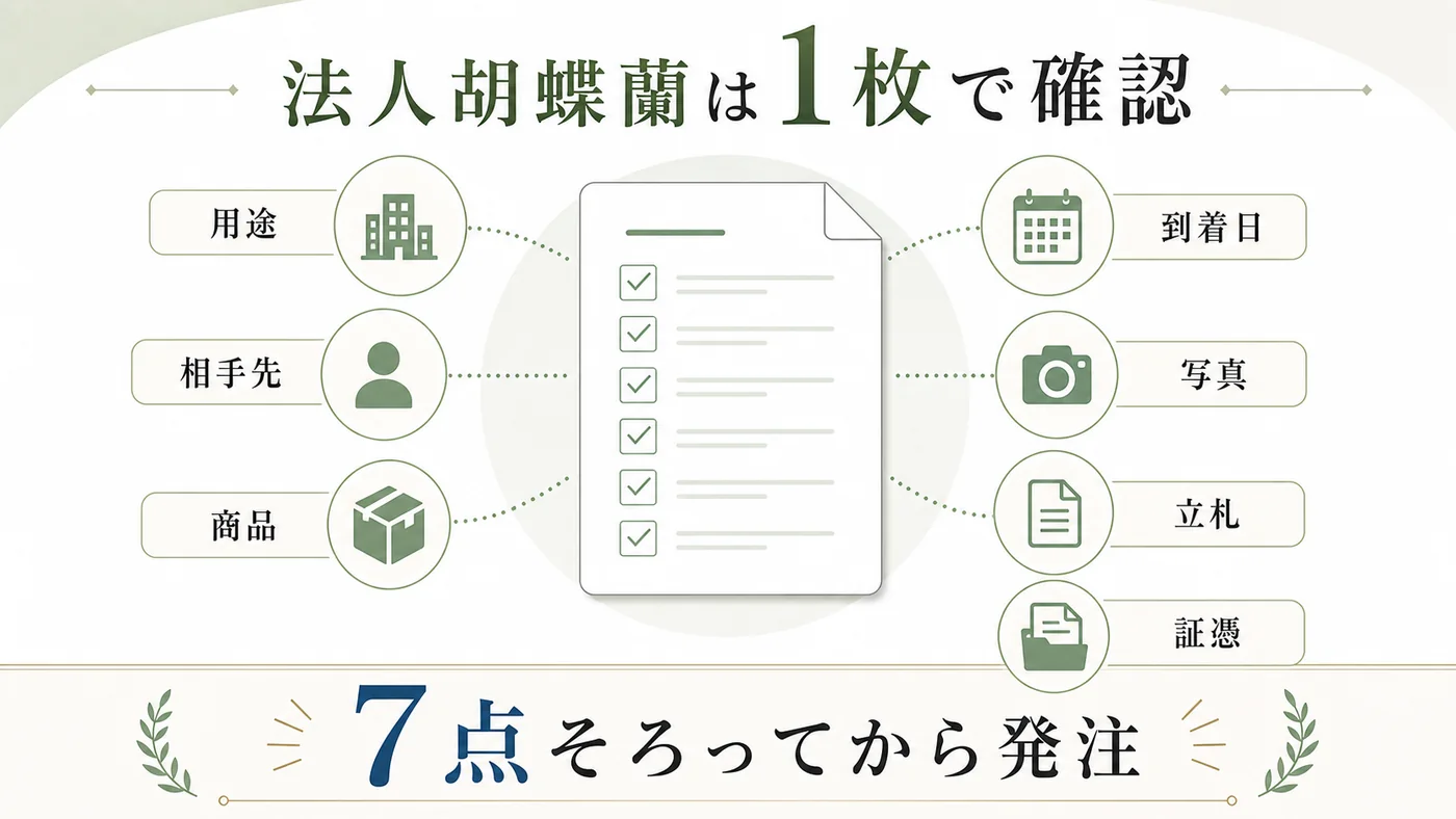 用途・相手先・商品・立札・到着日・写真・証憑を1枚で確認して法人胡蝶蘭を発注する図解