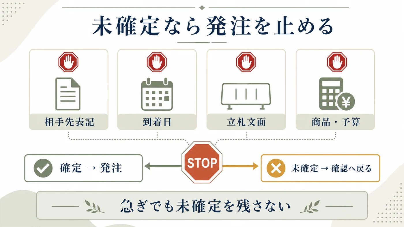 相手先表記・到着日・立札文面・商品と予算が未確定なら法人胡蝶蘭の発注を止める図解
