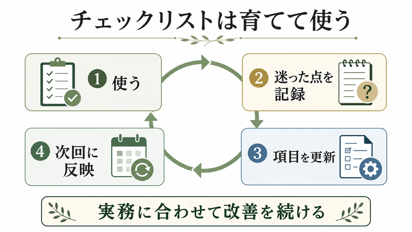 法人胡蝶蘭のチェックリストを使用・記録・更新・次回反映の循環で改善する図解