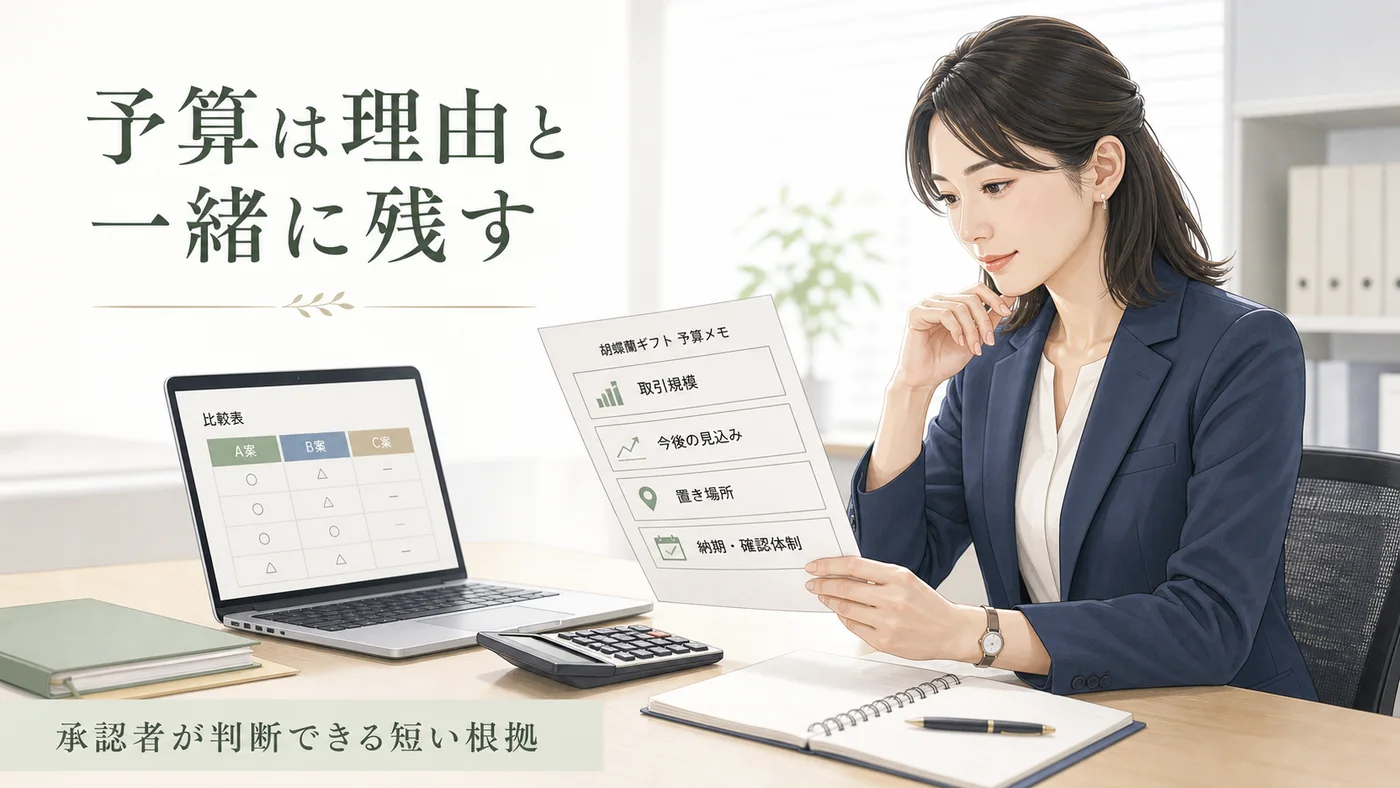 取引規模・今後の見込み・置き場所・納期と確認体制を予算理由として整理する総務担当者のイラスト