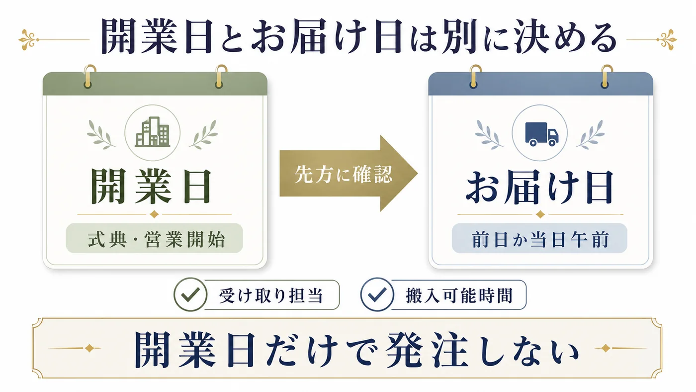 開業日とは別に前日か当日午前のお届け日・受け取り担当・搬入可能時間を先方へ確認する図解